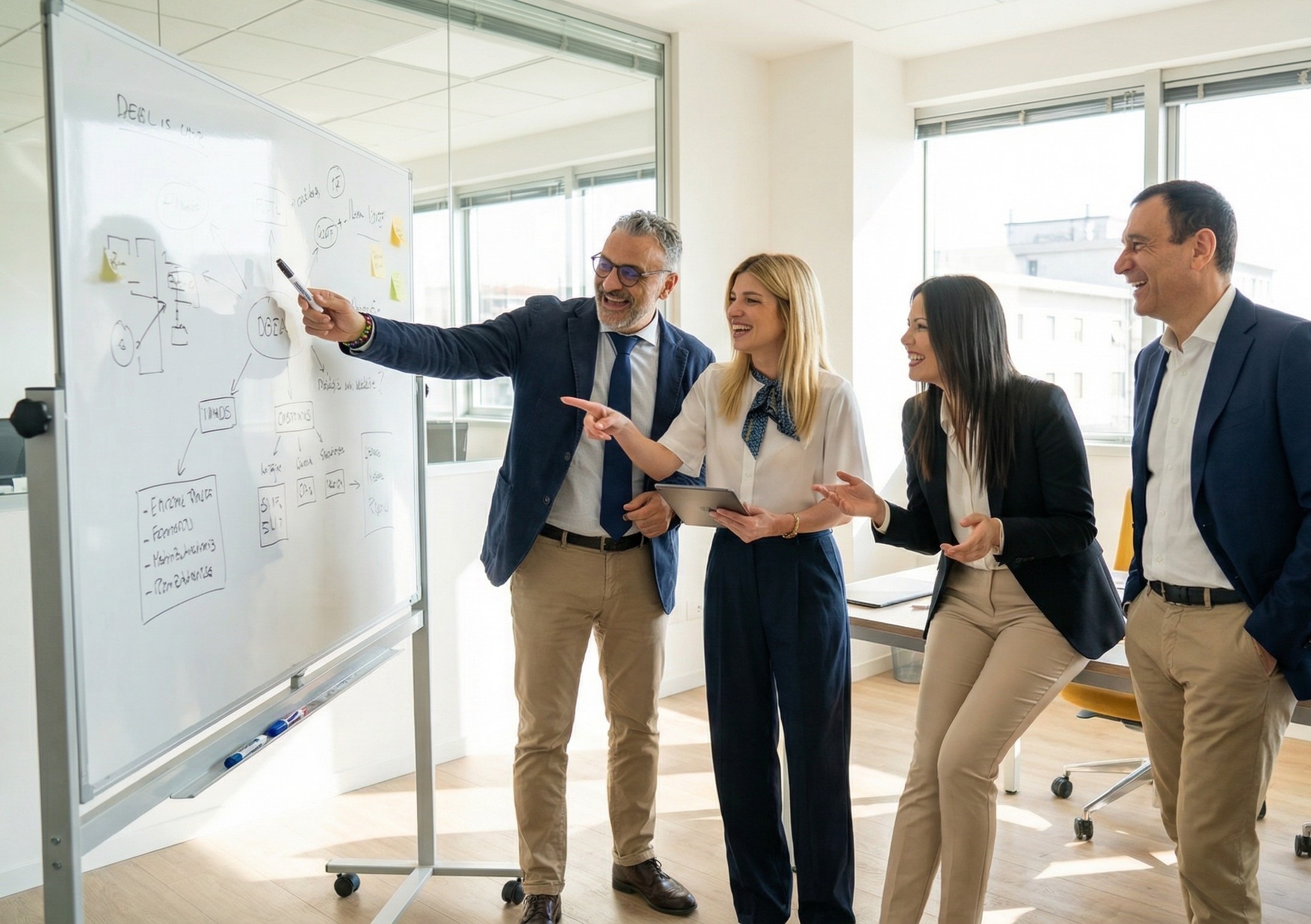 Team di professionisti durante una riunione strategica davanti a una lavagna